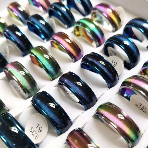 Rainbow & Blue Glossy Stainless Steel Rings - Picture 6 of 6